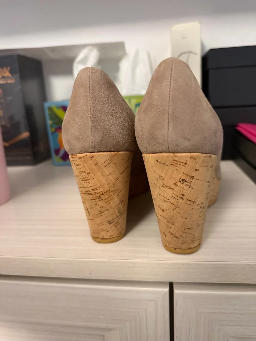 Stuart Weitzman Taupe Suede Peep-Toe Pumps with Gold Accent - Picture 3 of 8